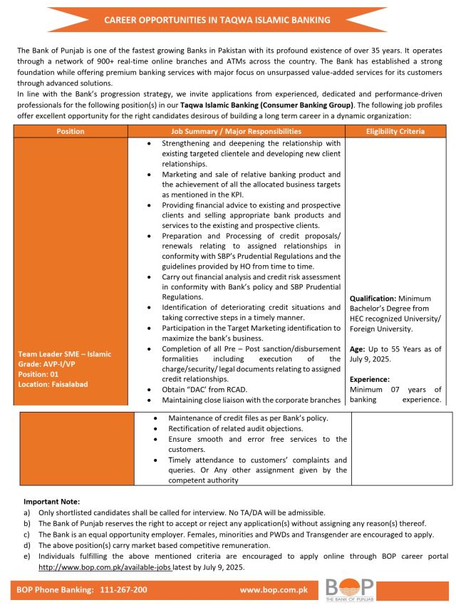 BOP Team Leader Jobs in Faisalabad for Graduates