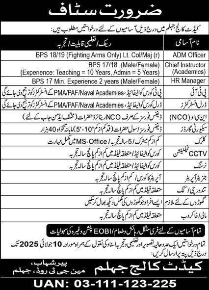 Cadet College Jhelum Jobs 2025 for Teachers and Staff