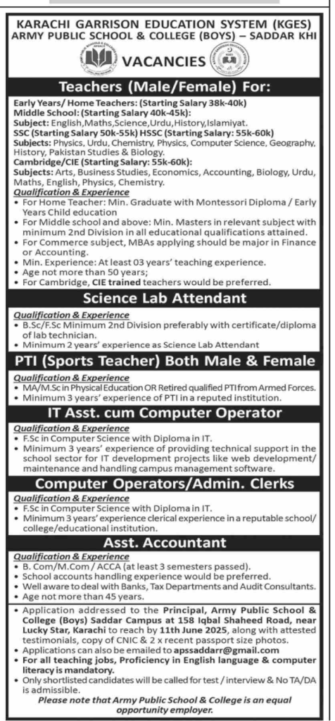 Army Public School & College Karachi Teaching and Non Teaching Jobs 2025