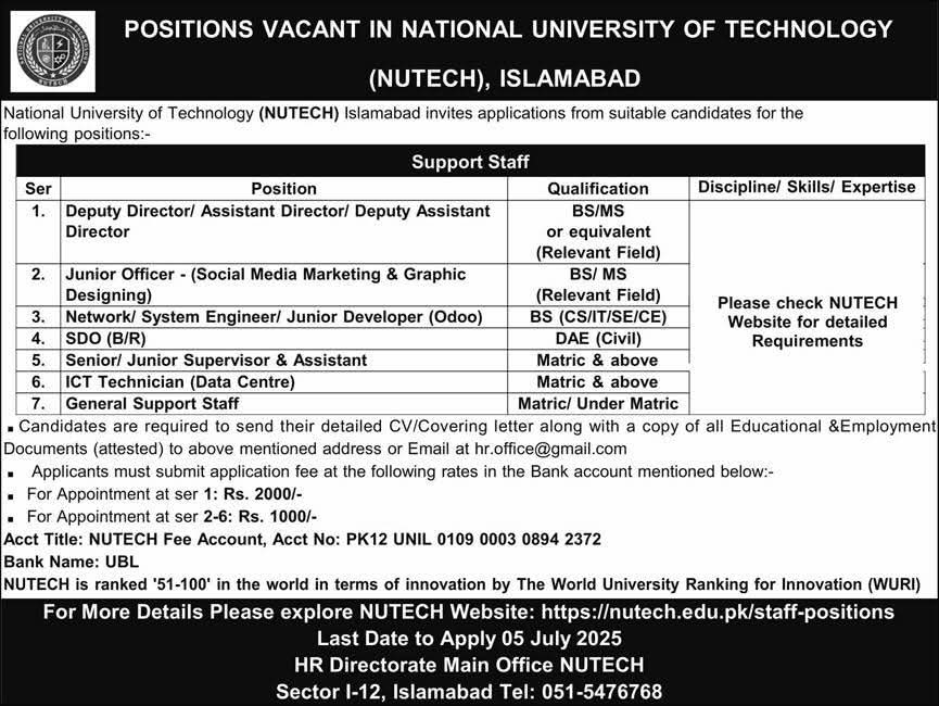 Urgent Jobs in Islamabad at National University of Technology