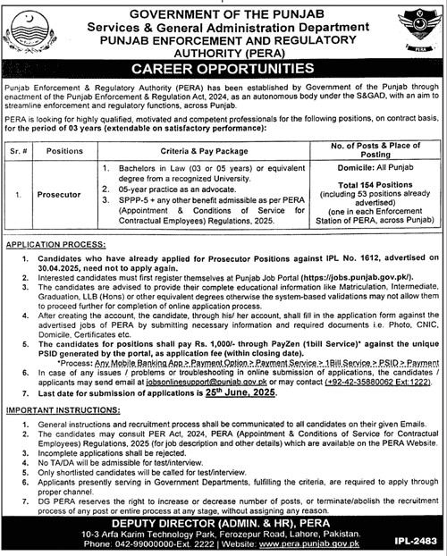Punjab Enforcement & Regulatory Authority PERA Prosecutor Jobs 2025