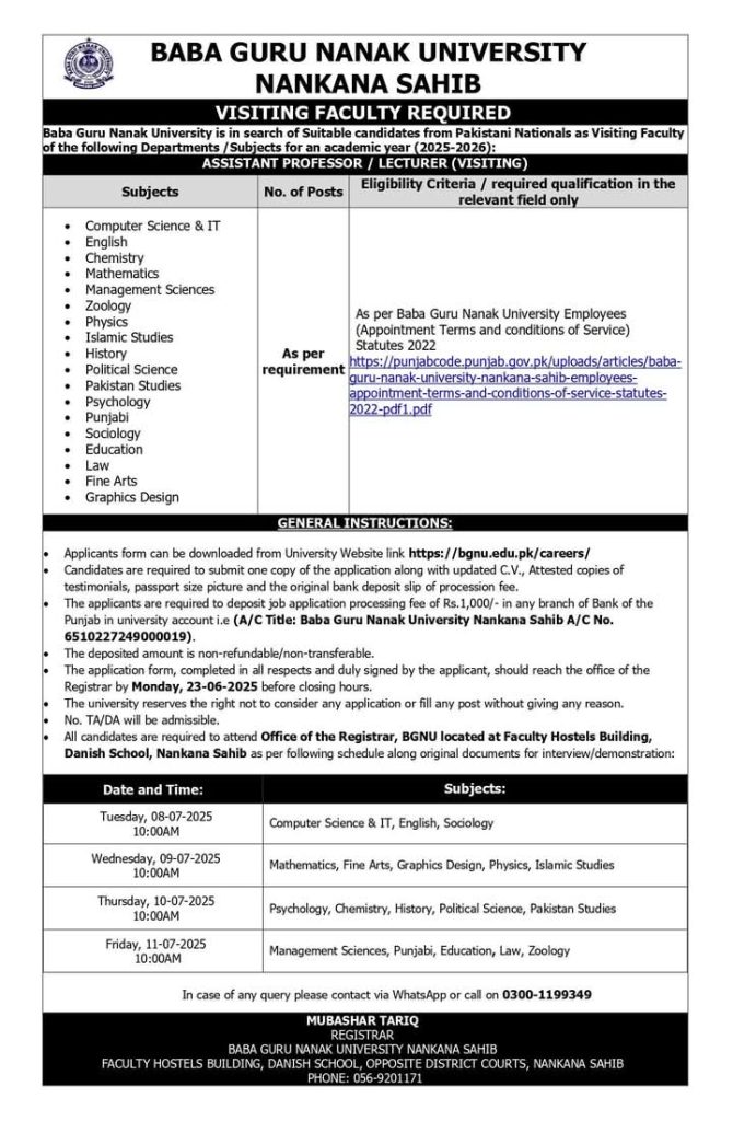 Baba Guru Nanak University Nankana Sahib Teaching Jobs 2025