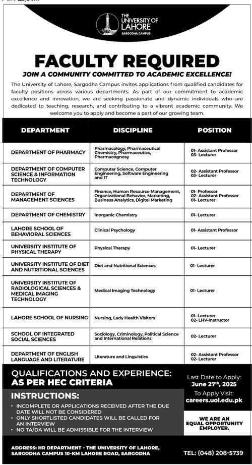 University of Lahore Sargodha Campus Jobs 2025